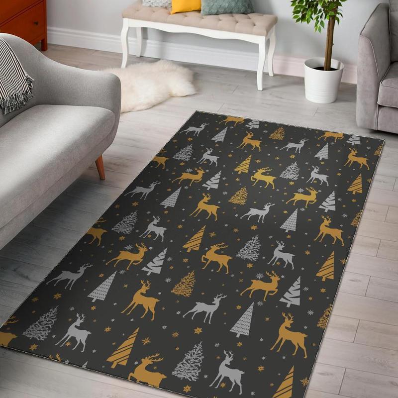 Deer Christmas Tree Pattern Print Area Rug Living Room Rug