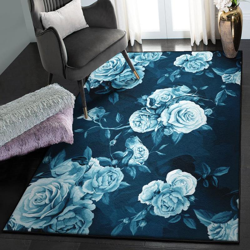 Floral Design Living Room Rugs Blue Rose Floral Flower Rug