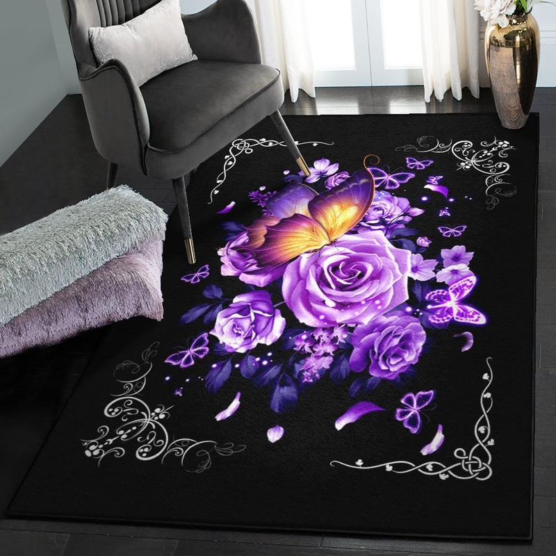 Flower Garden Non Shedding Area Rug Butterfly And Purple Flowers Rug