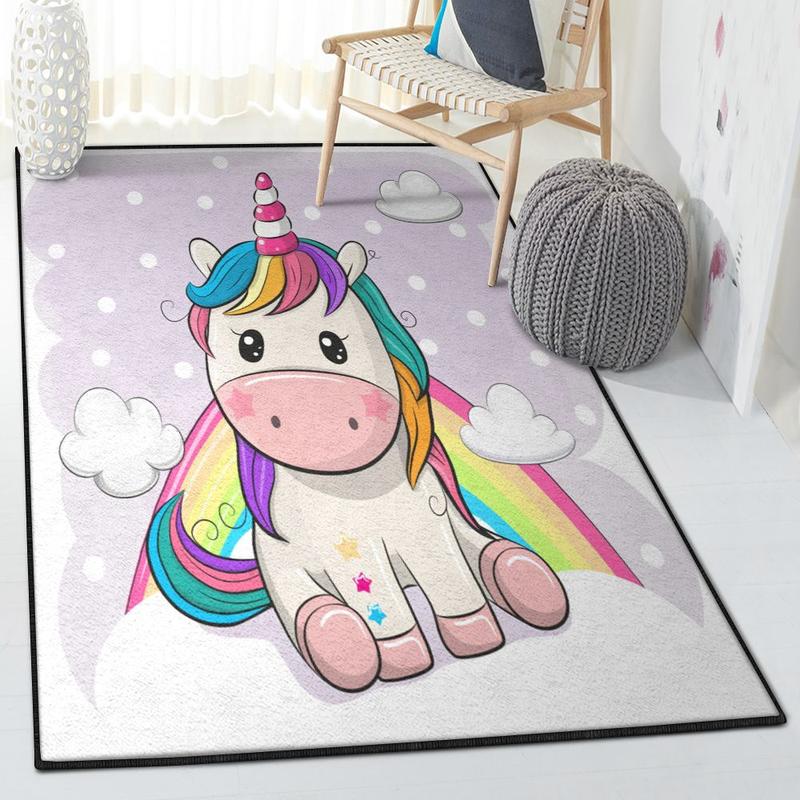 One Horned Horse Area Rugs Cartoon Unicorn Is Sitting On Clouds Rug