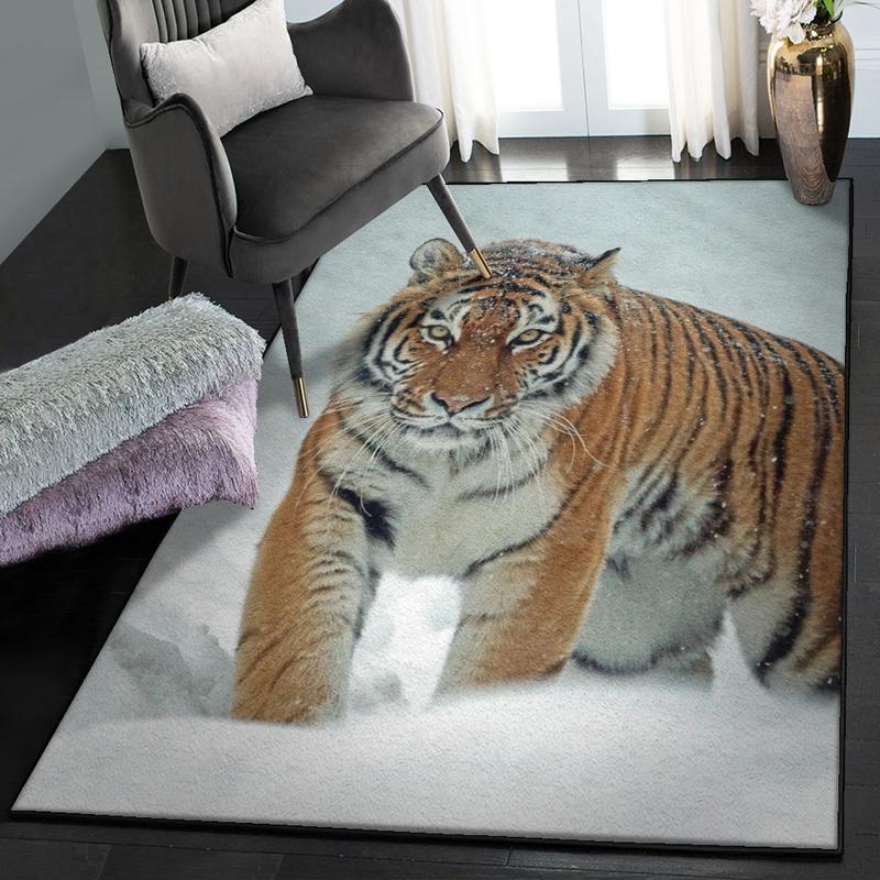 Panthera Tigris Washable Area Rugs Tiger In The Snow Rug
